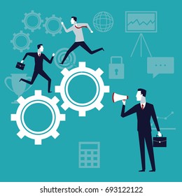 color background with executive group running in gears mechanism and businessman with megaphone