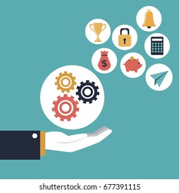 color background with executive hand holding gears with icons investment