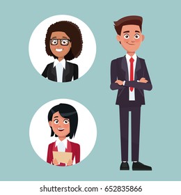 color background with executive man with formal suit and circular frame with woman characters for business