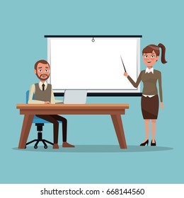 color background executive man sitting in desk an businesswoman standing for work presentation