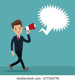color background of executive man walking with megaphone and dialog box scream