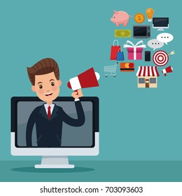 color background of executive on display with megaphone with items online purchases floating