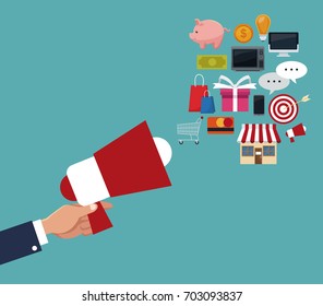 color background of executive sleeve hand holding a megaphone with items online purchases floating