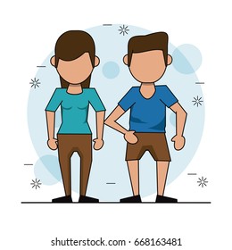 color background with faceless couple and him in short pants