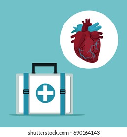 color background with first aid box with icon circular frame heart organ