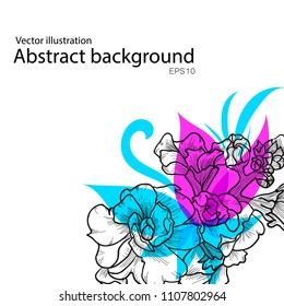 color background flowers. white background, the card is decorated with bright blue pink color.