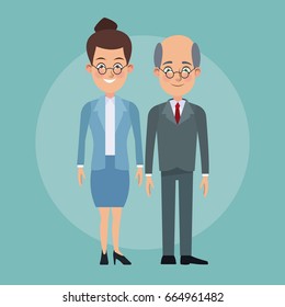 Color Background Full Body Couple Of Woman Collected Hairstyle And Elderly Bald Man With Formal Suit Characters For Business