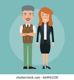 color background full body couple of young woman and elderly bald man with formal suit characters for business