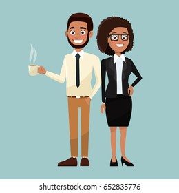 color background full body set pair of woman curly hair and bearded man characters for business