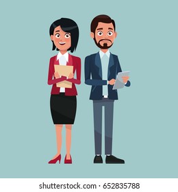 color background full body set pair of elegant executives woman short hairstyle and bearded man with tablet