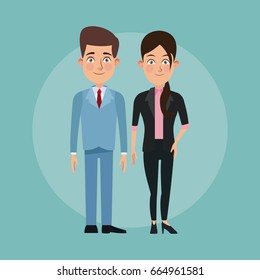 color background full body set pair of elegant executives woman ponytail hairstyle and man haircut