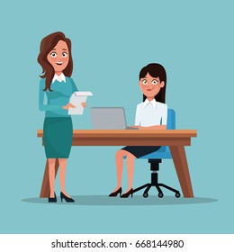 color background full body set of executive women in workplace and desk with laptop