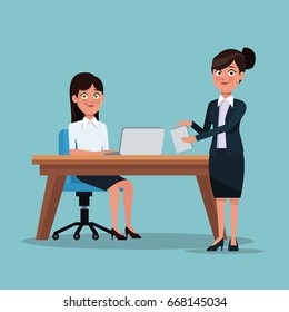 color background full body set of executive women in workplace and desk with laptop and manager standing with collected hair