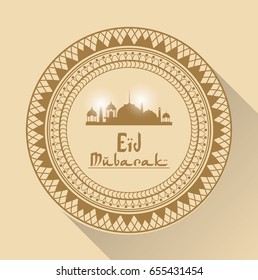 color background with geometric round arabic frame with Eid Mubarak mosque and hand drawn calligraphy with gloss and shadow