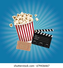 color background with glow with clapperboard and popcorn and ticket movie