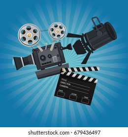 color background with glow with movie film projector clapperboard and spotlights