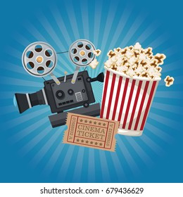 color background with glow with ticket movie and popcorn bucket and movie film projector