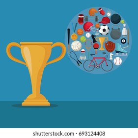 color background with golden cup trophy and icons of elements sports in circular frame