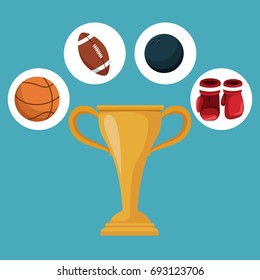 color background with golden trophy cup and circular frames with icons elements sport