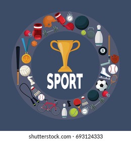 color background with golden trophy cup in center with circular border around with icons elements sport