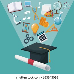 color background graduation cap and certificate with light halo icons academic knowledge