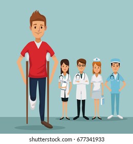 color background group team specialist doctors with closeup handicapped man on crutches