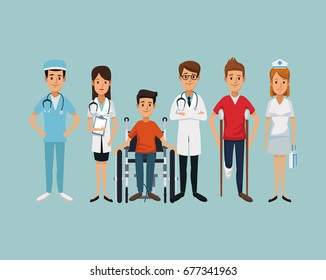 color background group team specialist doctors with handicapped man in wheelchair and on crutches