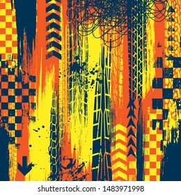 Color background with grunge tire tracks and ink blots