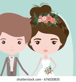 color background with half body couple of just married young man and woman with collected bun hair vector illustration