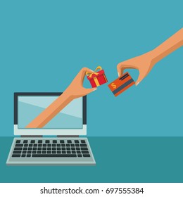 color background with hand coming out of laptop computer with gift box and other hand payment with credit card