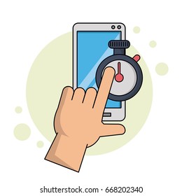 color background with hand and finger over watch timer app in smartphone