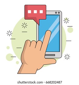 color background with hand and finger over smartphone screen with text dialogue in red