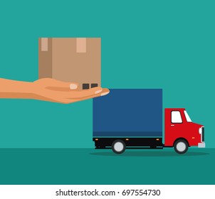 color background with hand holdin a package and delivery truck