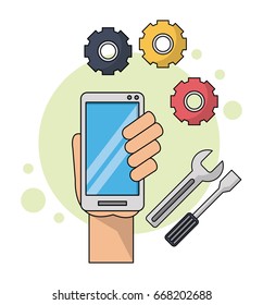 color background with hand holding smartphone in closeup with tools icons