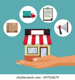 color background with hand holding a store with awning and elements icons online shopping in circular frames