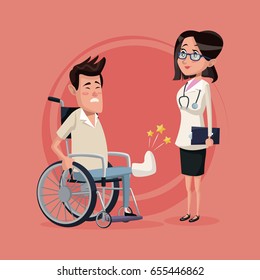 color background with handicapped man in wheelchair and woman specialist doctor