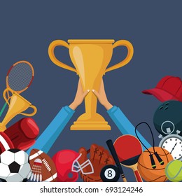 color background with hands holding up a golden trophy cup with border down of icons elements sport