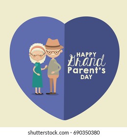 color background of heart shape blue greeting card with caricature full body elderly couple embraced happy grandparents day text vector illustration