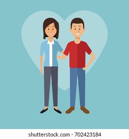 color background with heart shape of full body couple young man and woman with short straigth hairstyle