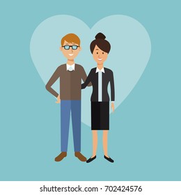 color background with heart shape of full body couple blonded man with glasses and executive woman in formal suit