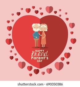 color background of heart shape pink greeting card with caricature full body elderly couple embraced happy grandparents day text with floating cute hearts around vector illustration