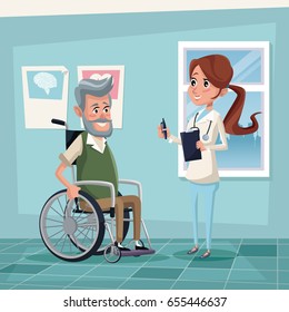 color background hospital room with elderly man in wheelchair and female therapist