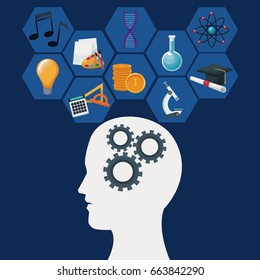 color background human head with mechanisms and geometric abstract figures icon knowledge