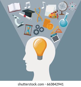 color background human head with solution idea inside and light halo icons knowledge