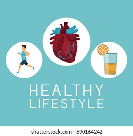color background with icons circular frame of sport man ruinning with heart organ and orange juice text healthy lifestiyle