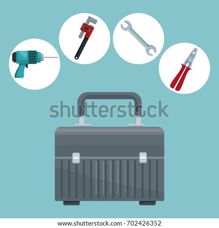 color background with icons in circular frame elements contruction and closeup suitcase tools