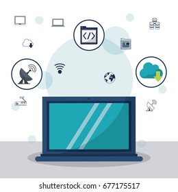 color background with laptop computer in closeup and communication icons and networking icons on top