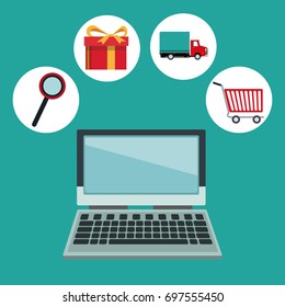 color background with laptop computer and online shopping elements in circular frames around