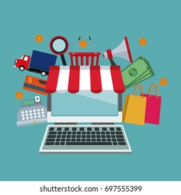 color background with laptop computer store with awning and elements icons online shopping