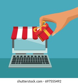 color background with laptop computer store with awning and and hand depositina a gift